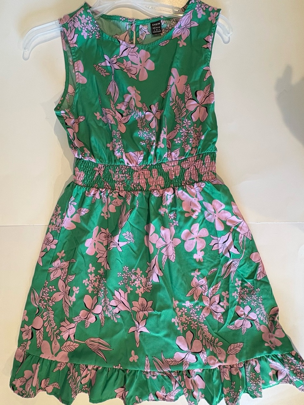 Green and Pink Floral Dress Size Small Tropical Hibiscus Ruffle Mini Summer